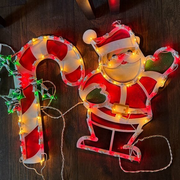 2PC VTG 2000 Impact Plastics Lighted Candy Cane Santa Claus Christmas Decoration - Picture 1 of 16